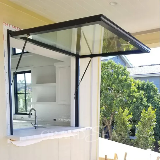 Thermal Break Aluminium Gas Strut Pass Through Windows Top Hung Aluminum Push out Flip up Awning Window for Kitchen Bar 