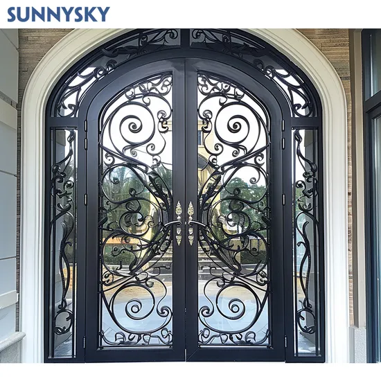 Sunnysky French Exterior Double Glass Wrought Iron Doors Designs Cheap Arched French Interior Steel Doors 