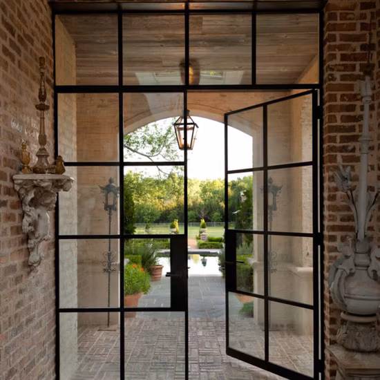 Rustic Design Tempered Glass Wrought Iron French Front Steel Swing Door 